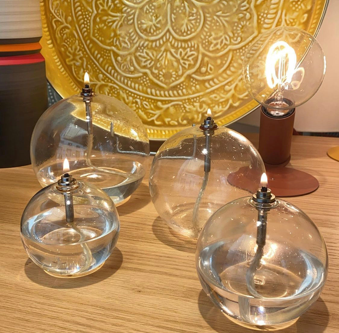 Lampe à huile en verre ronde et lisse. 3 tailles